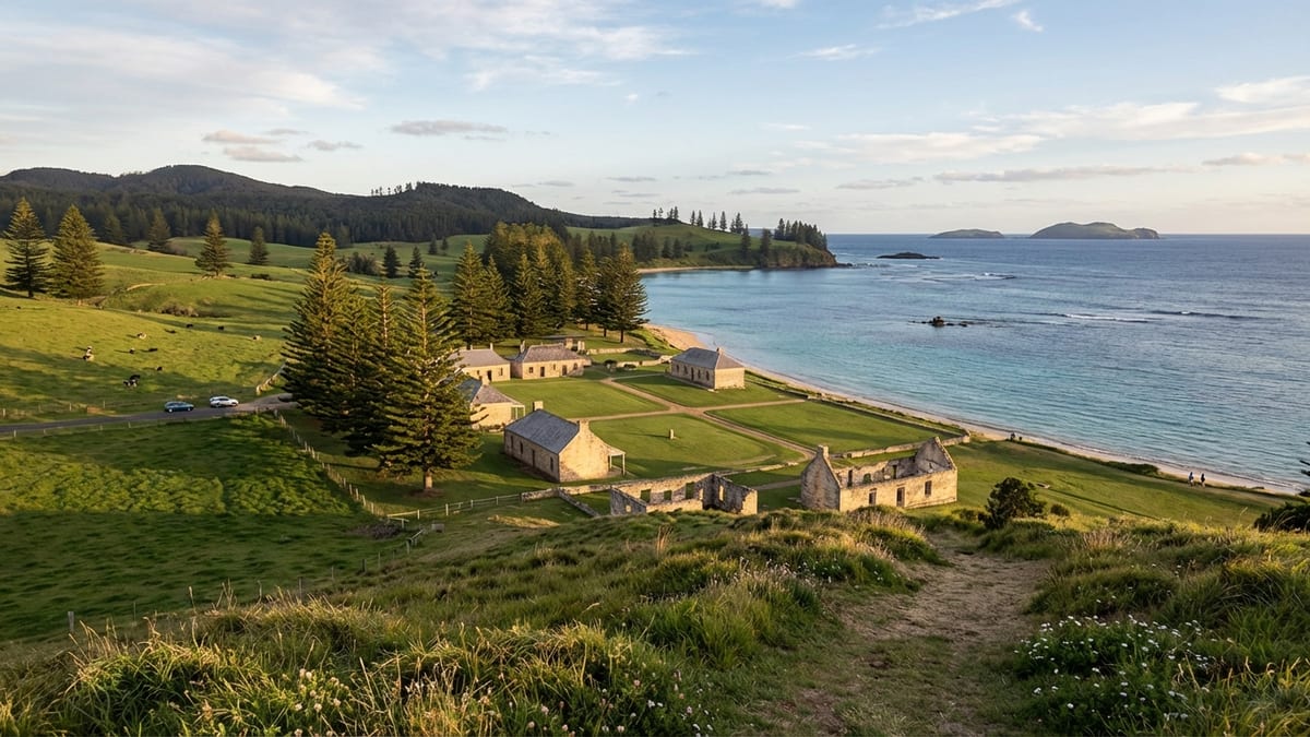 Sunset view of Norfolk Island's south coast with historic buildings, serene bay, and verdant landscape.