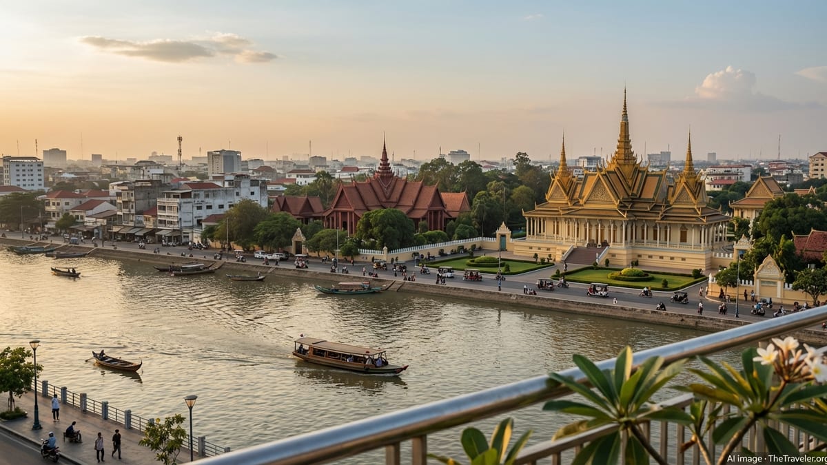 Sunset view of Phnom Penh showing the Royal Palace, Tonle Sap River, and cityscape.