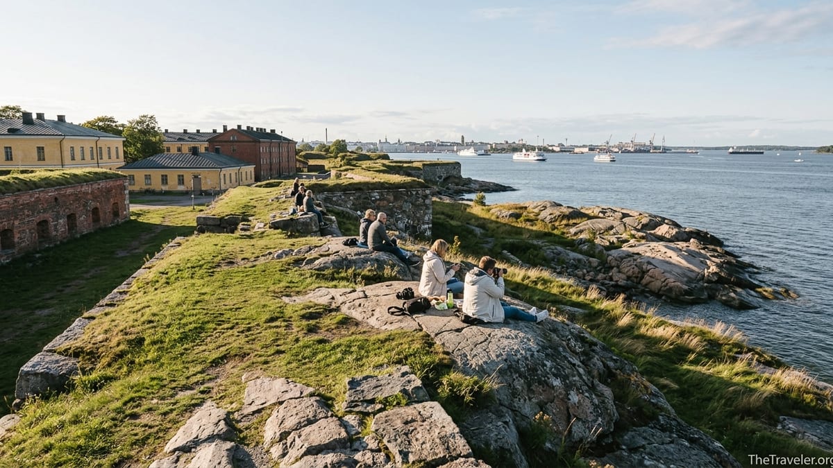 Visitors relaxing on the ramparts of Suomenlinna sea fortress overlooking the Baltic Sea.