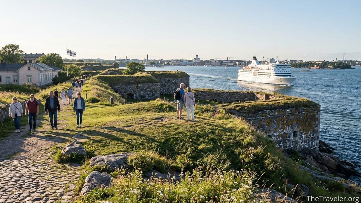 Visitors walking along grassy ramparts of Suomenlinna overlooking the sea and a passing ferry near Helsinki.