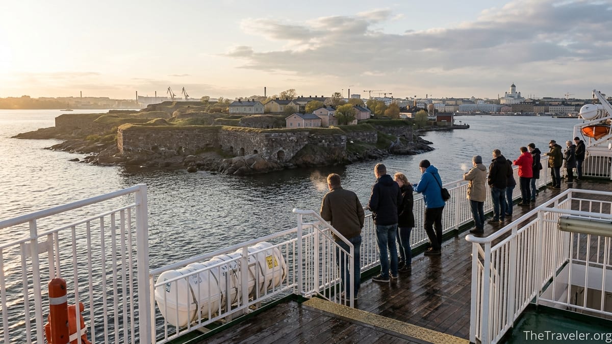 Helsinki ferry approaching Suomenlinna Sea Fortress in soft evening light