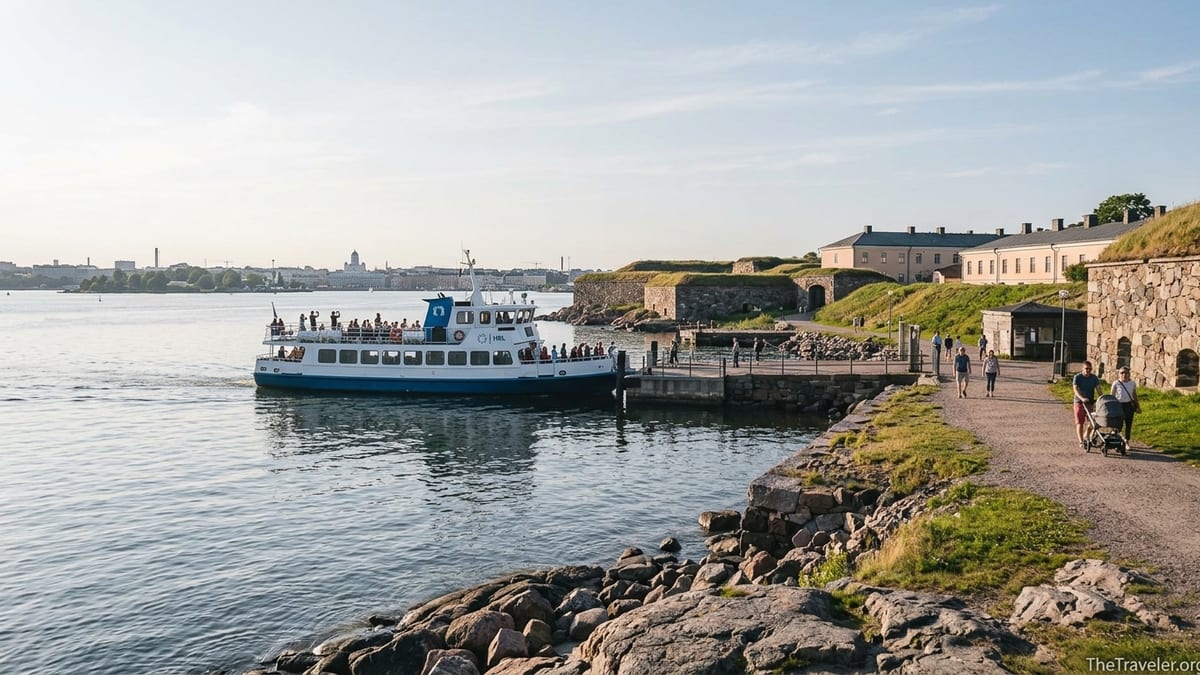 Summer ferry arriving at Suomenlinna sea fortress near Helsinki with visitors walking along the shore.