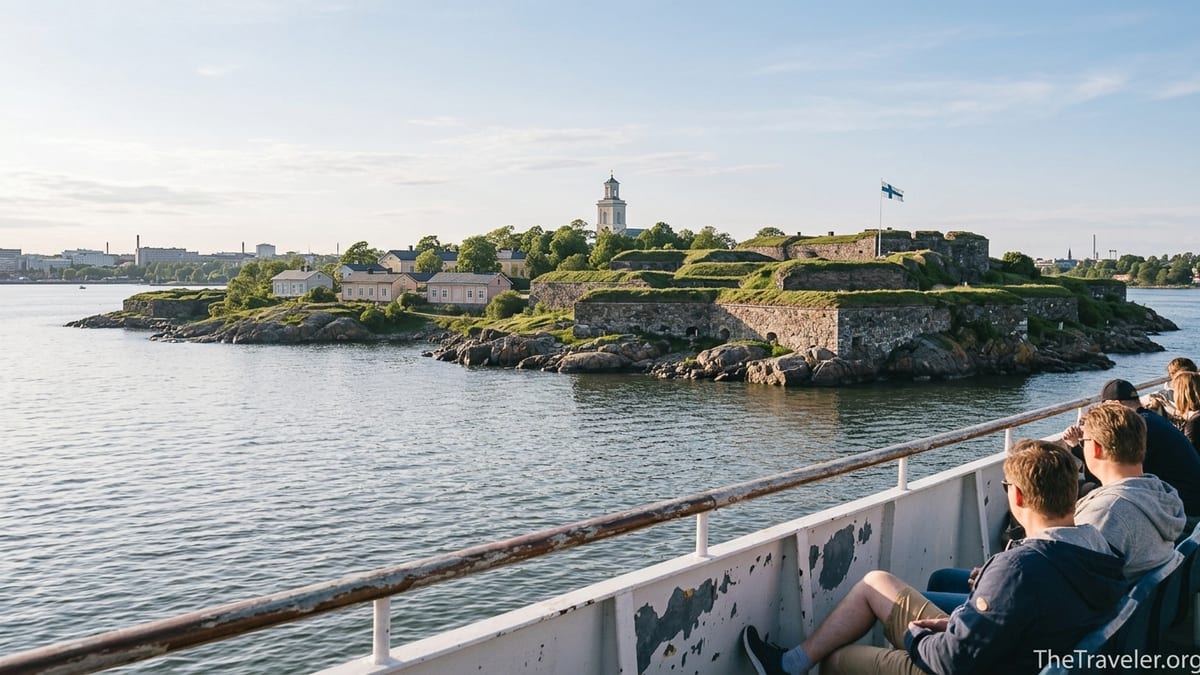 Ferry approaching Suomenlinna sea fortress near Helsinki on a clear spring afternoon.