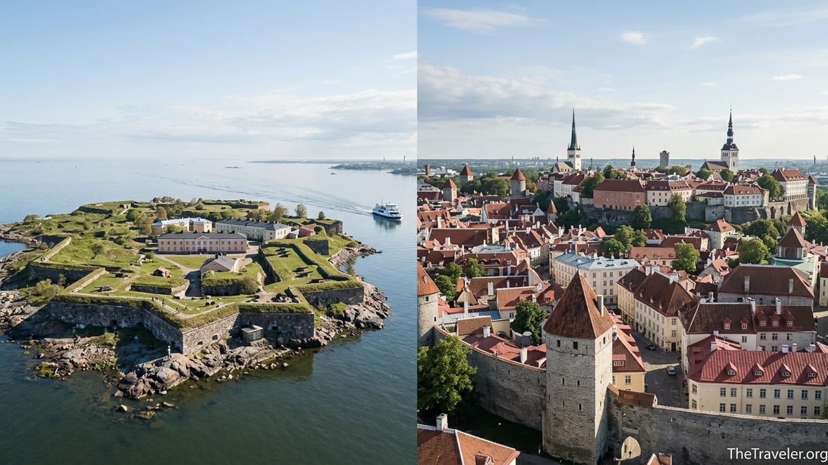 View of Suomenlinna sea fortress islands facing Tallinn Old Town skyline across the Baltic Sea.