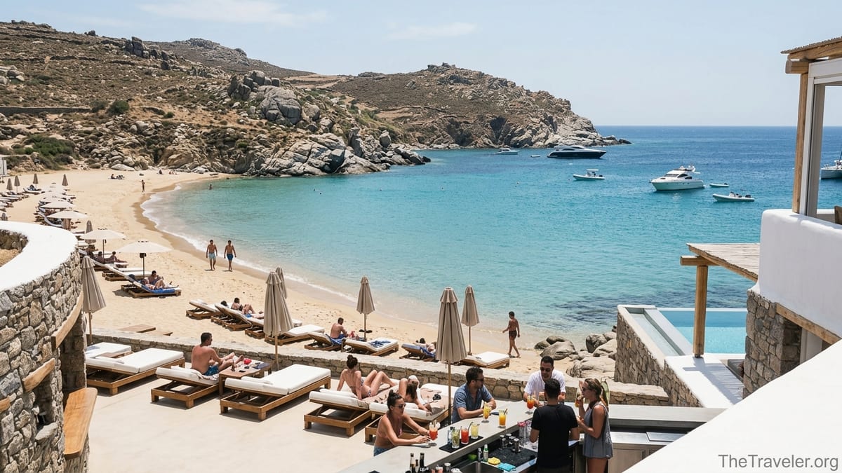 A wide view of Super Paradise Beach in Mykonos with turquoise water, sunbeds, and rocky hillsides.