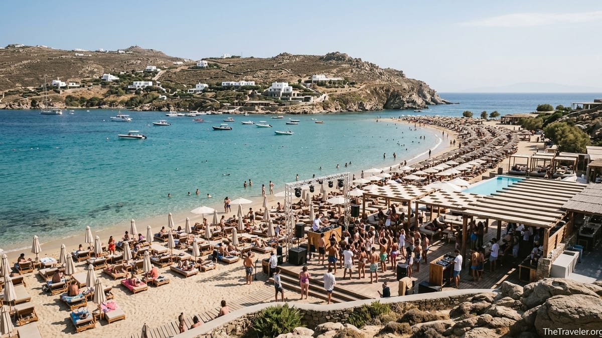 Busy summer afternoon at Super Paradise Beach in Mykonos with sunbeds, beach clubs and turquoise sea.