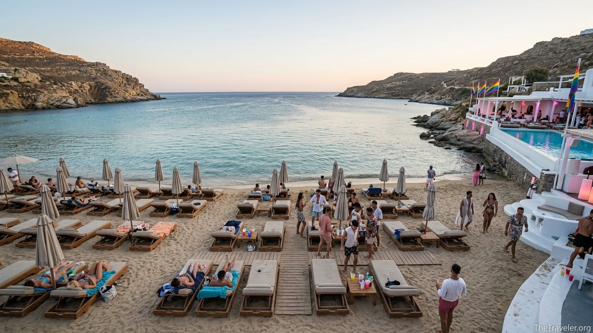 Late afternoon view of Super Paradise Beach in Mykonos as sunbathers give way to an emerging beach party.