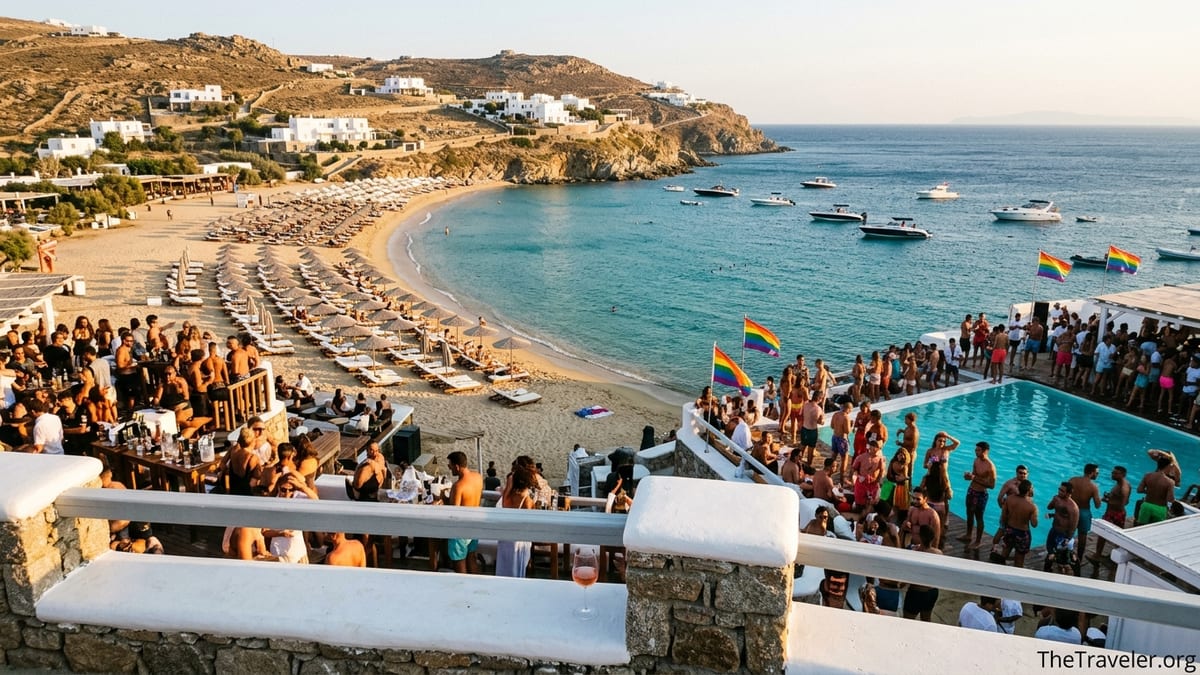 Aerial view of busy Super Paradise Beach in Mykonos with sunbeds, party crowd and turquoise water.