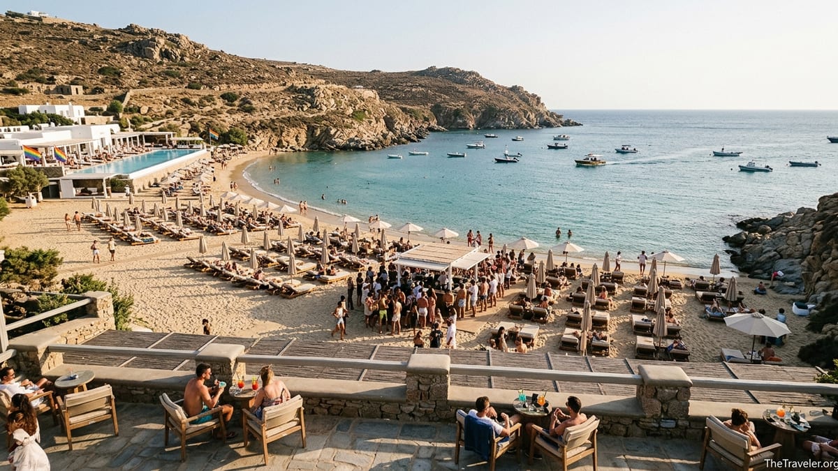 Wide view of Super Paradise Beach cove in Mykonos with sunbeds, beach clubs and turquoise water on a busy summer afternoon.
