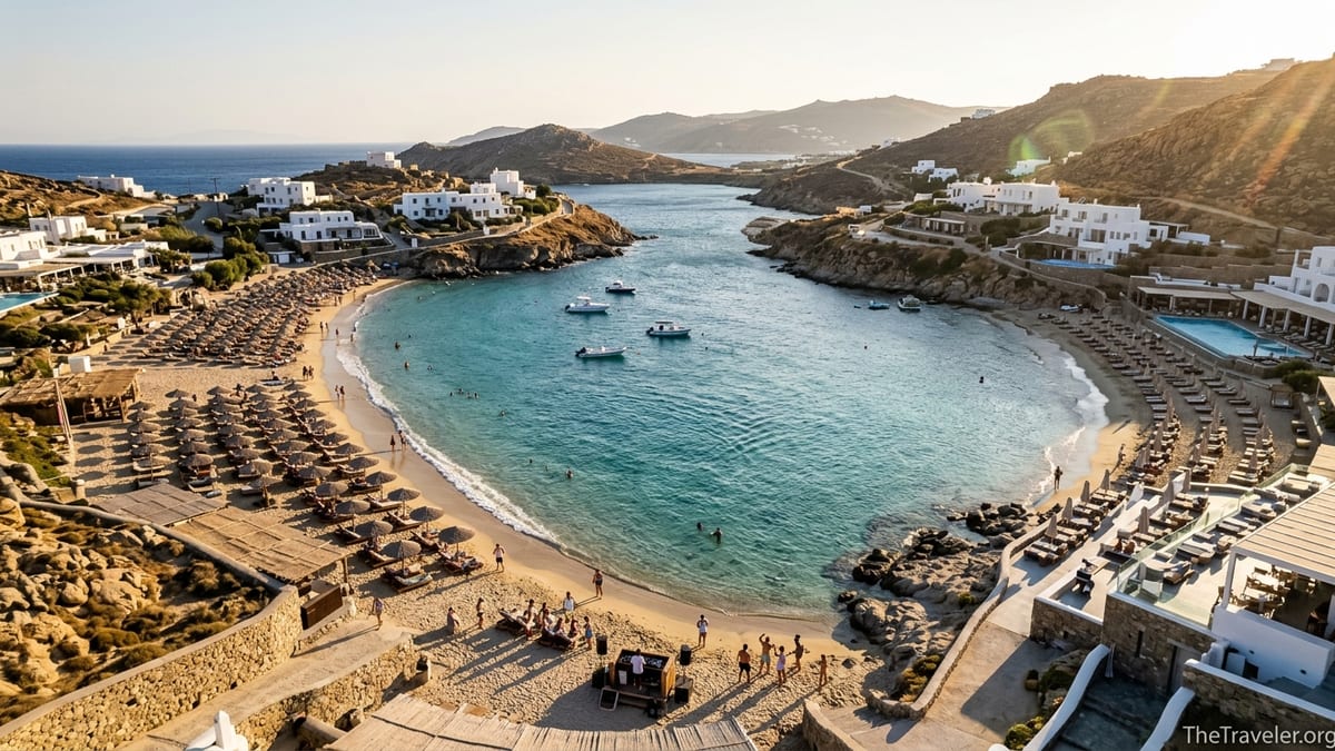 Aerial view of Paradise and Super Paradise beaches in Mykonos with sunbeds and turquoise sea at sunset.