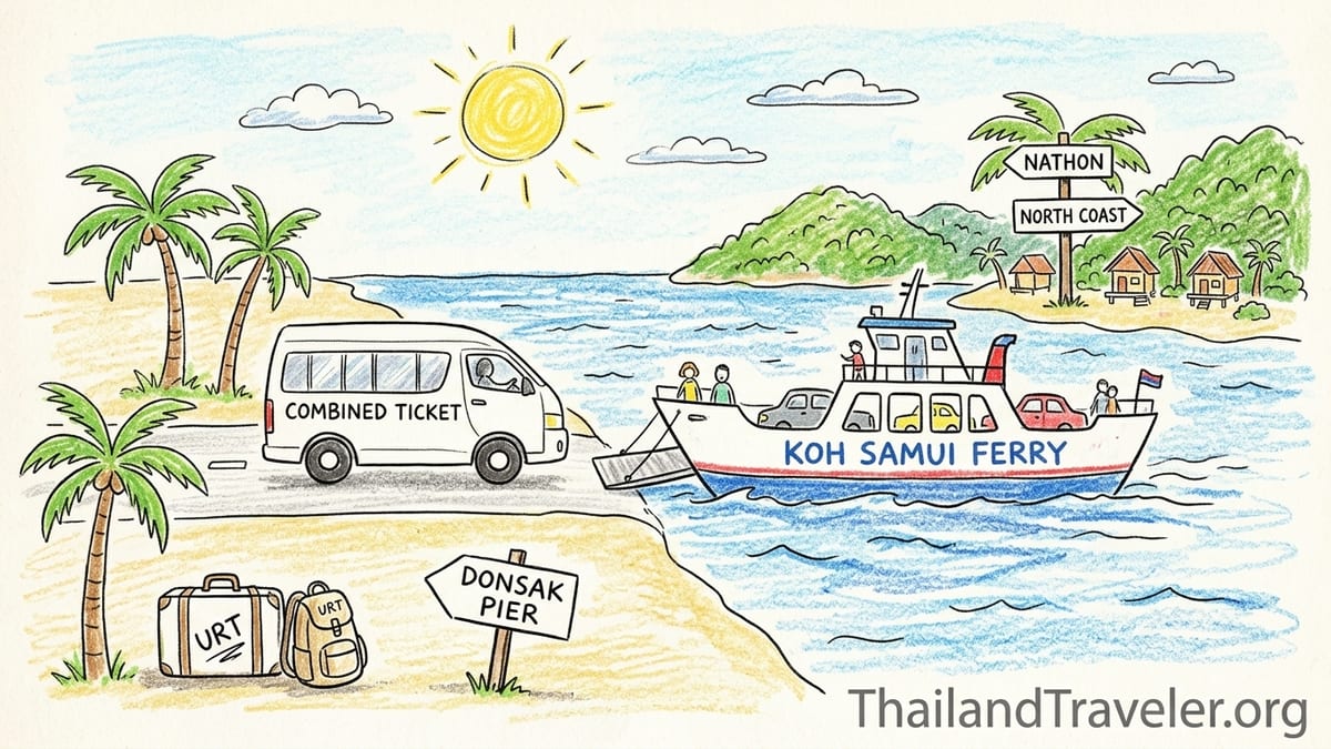 Travelers with luggage waiting at Donsak pier for a ferry from Surat Thani to Koh Samui.