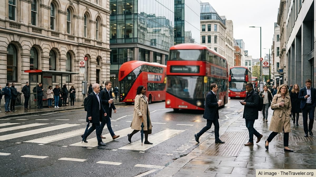 Busy London street with double-decker buses, damp pavement and pedestrians after light rain.