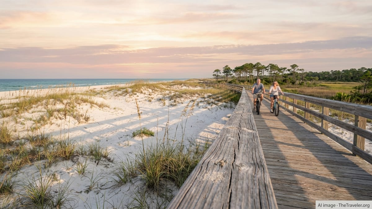 Boardwalk and cyclists at sunrise over white-sand dunes on Alabama’s Gulf Coast