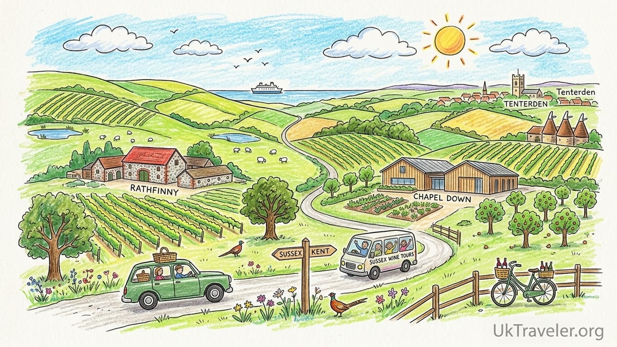 Visitors tasting wine during a guided tour at an English vineyard in rolling countryside