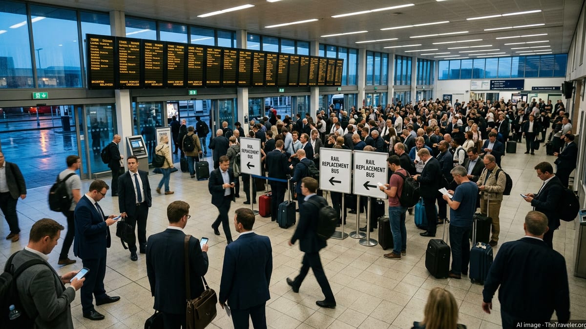 Crowded Sussex rail station with delayed departures board and passengers waiting with luggage.