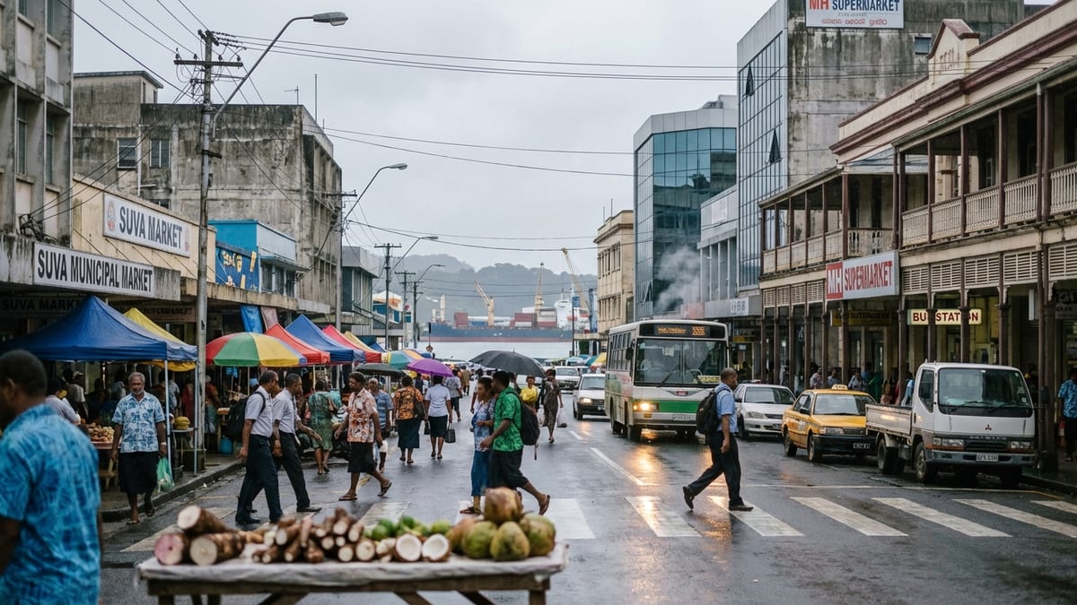 Busy downtown scene in Suva, Fiji with locals, market stalls, and cityscape.