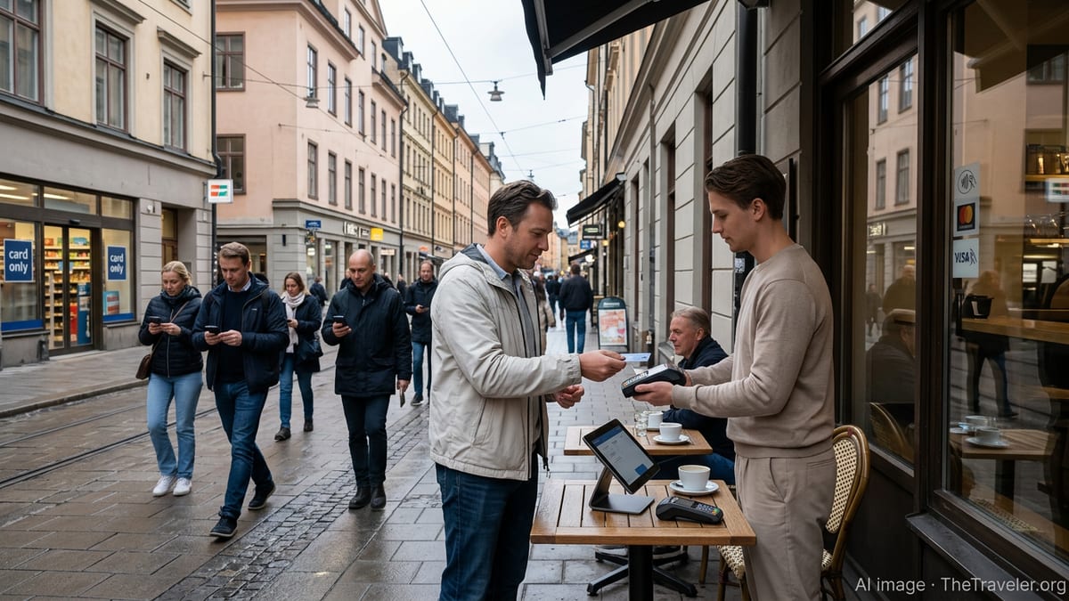 Tourist paying by contactless card at a Stockholm café while other pedestrians use phones on a mostly cashless city street.