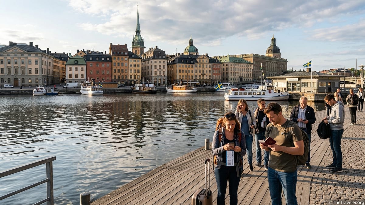 Travelers walking along Stockholm waterfront with passports and Gamla Stan skyline in evening light.
