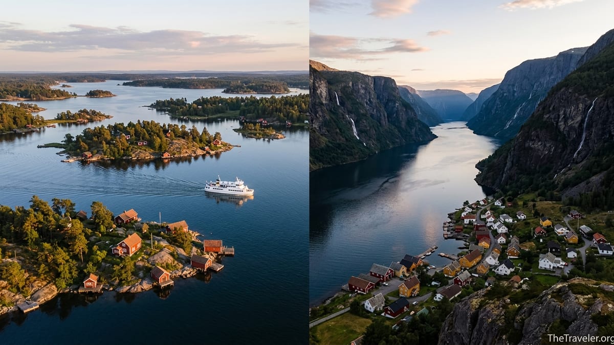 Split view of Sweden’s archipelago and a dramatic Norwegian fjord at summer sunset.