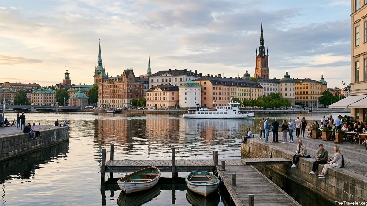 Summer evening view of Stockholm waterfront with people on the quay and colorful historic buildings across calm water.