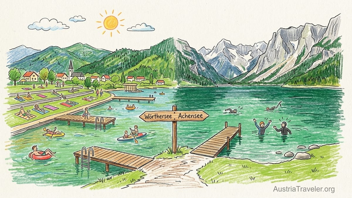 Swimmers at an Austrian lakeside lido with clear water, jetty and mountain backdrop.