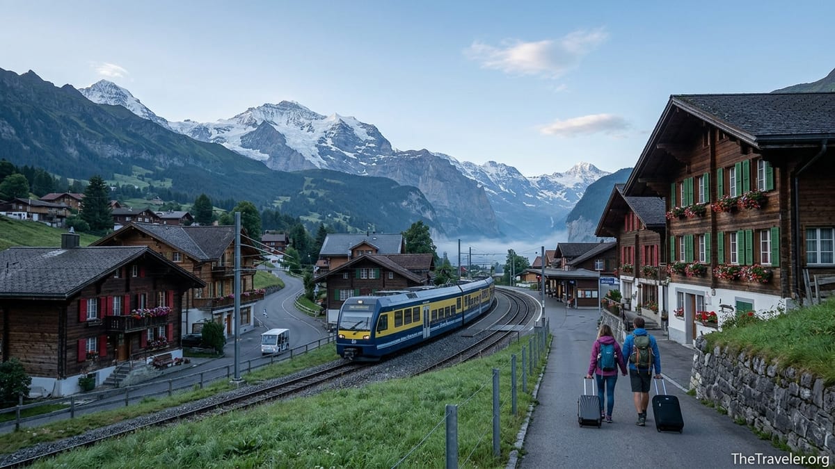 Car-free Swiss alpine village with train station, chalets and snowy peaks above valley.
