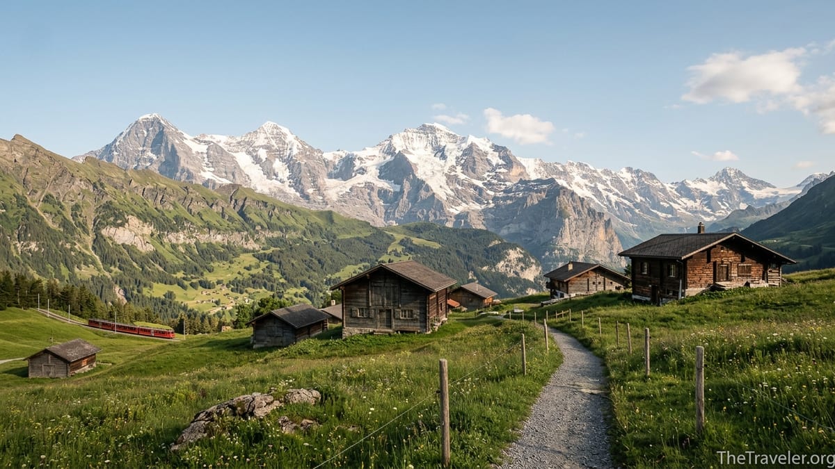 Panoramic view of Swiss Alpine village and Jungfrau peaks in summer sunlight.