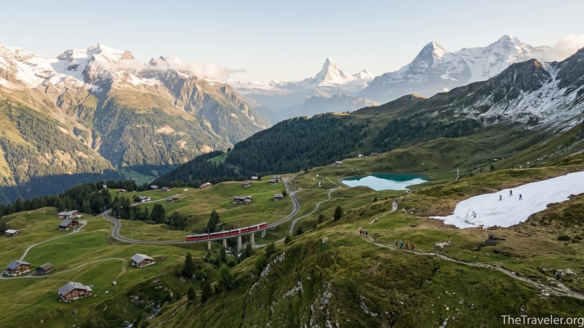 Swiss alpine valley with red mountain train, peaks, meadows and lake in soft morning light.