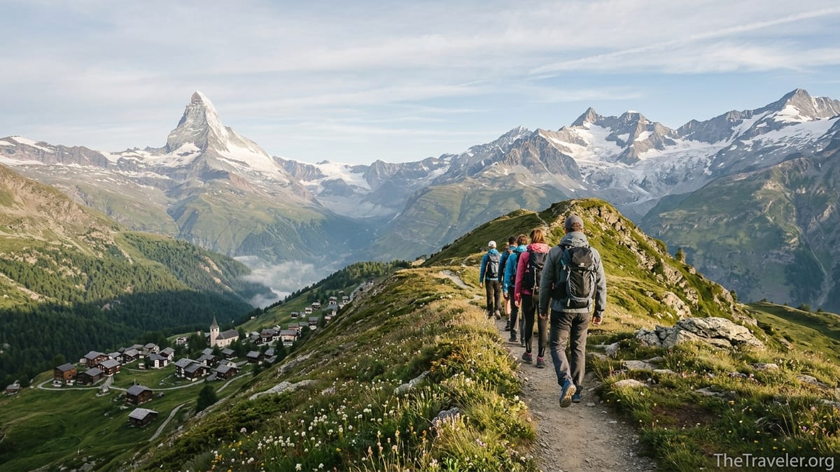 Hikers on an alpine trail with Swiss peaks and a village in the valley below