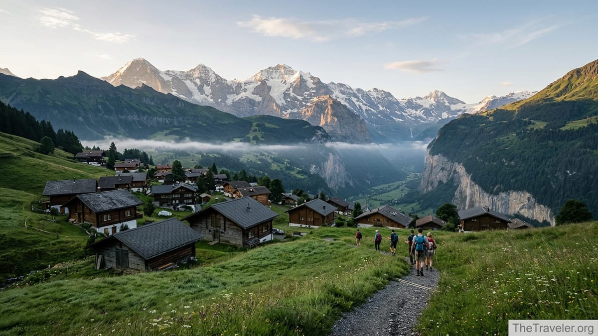 Swiss alpine village above a misty valley with sunlit snow peaks in the distance.