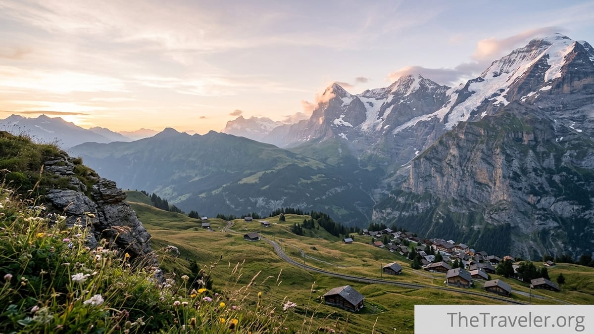 Golden hour view over Lauterbrunnen Valley toward the snow-covered Jungfrau massif in the Swiss Alps.