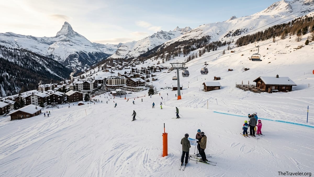 Skiers on a groomed slope above a Swiss chalet village with the Matterhorn in the distance.