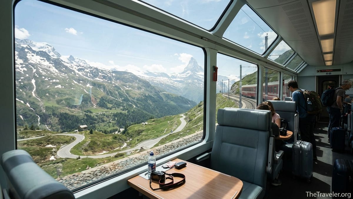 Panoramic Swiss train crossing the Alps with mountain peaks and valleys outside large windows.