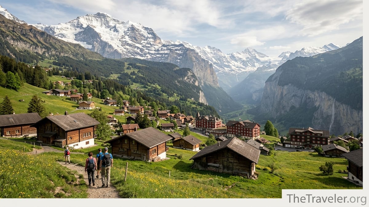Swiss alpine village with chalets, meadows and snowcapped peaks in soft afternoon light.