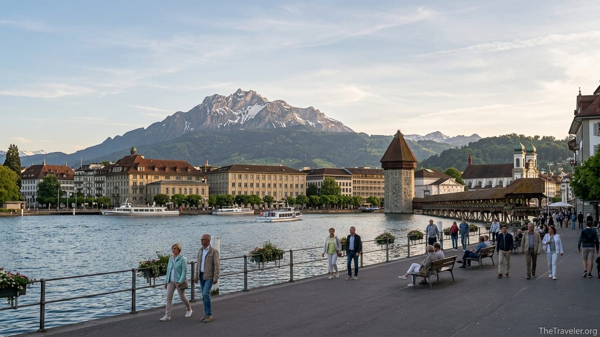 Lucerne lakeside promenade at golden hour facing the Swiss Alps in summer