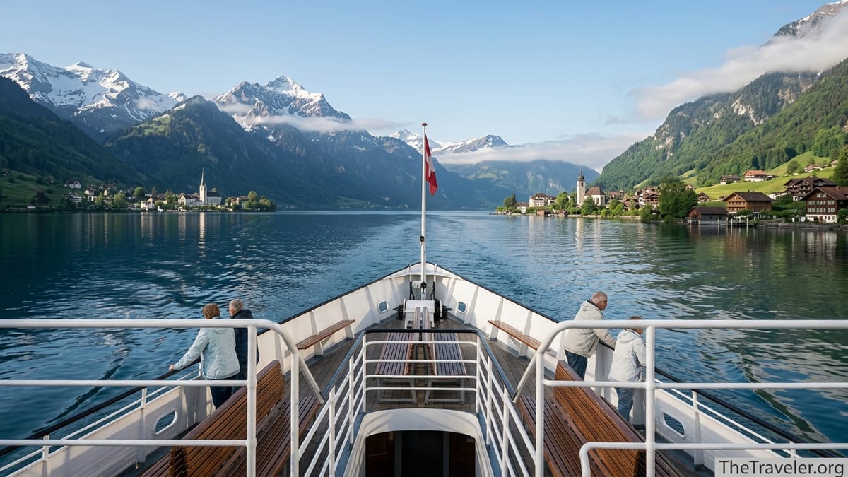 View from a Swiss paddle steamer cruising Lake Lucerne toward snow-capped mountains.