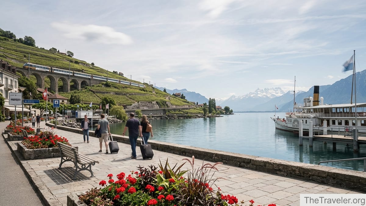 GoldenPass train above Montreux with Lake Geneva promenade and paddle steamer.