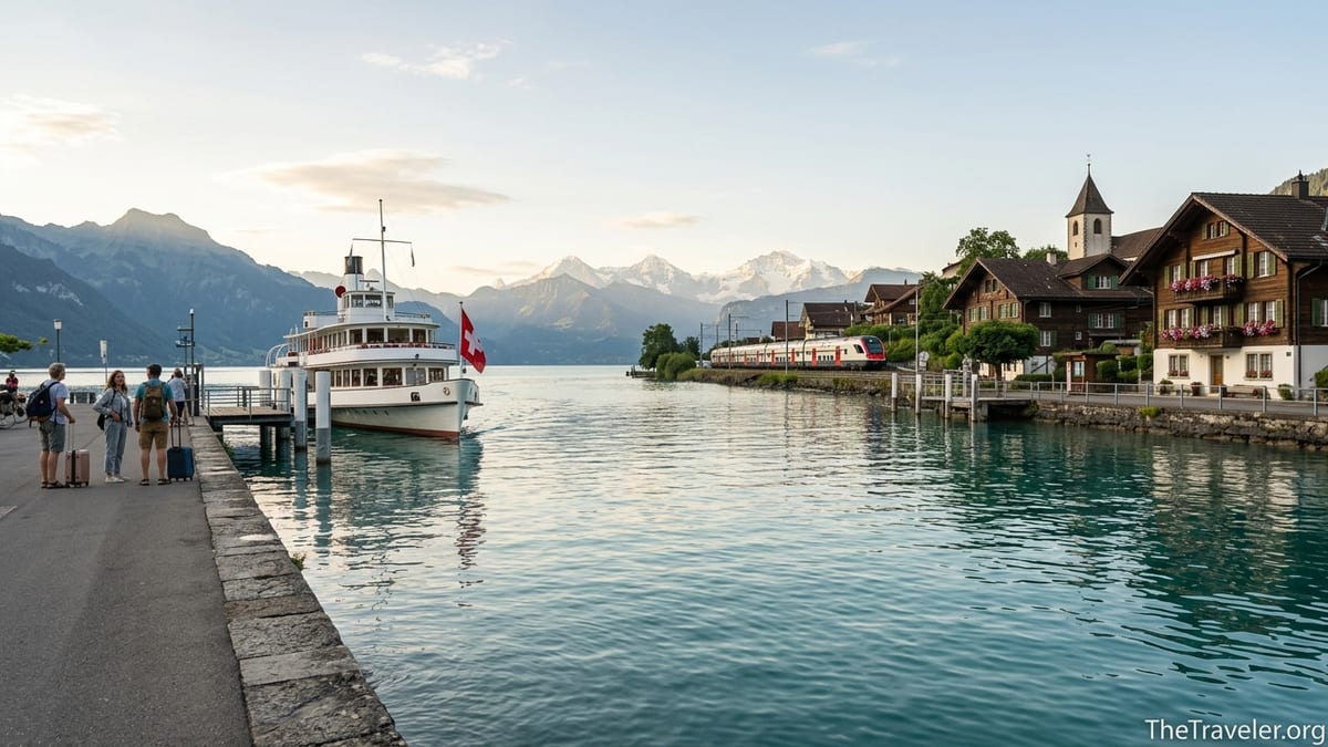 Swiss passenger boat leaving a lakeside pier with alpine mountains and a passing train in the background.