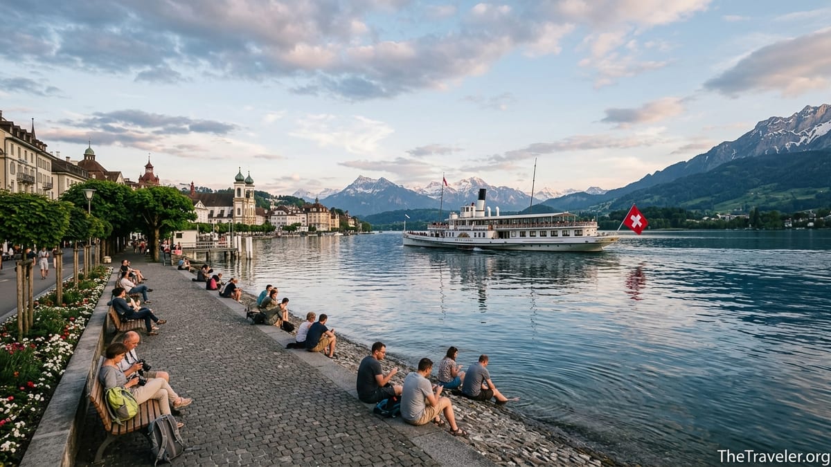 Lake Lucerne with a paddle steamer, mountains and people on a lakeside promenade at sunset.