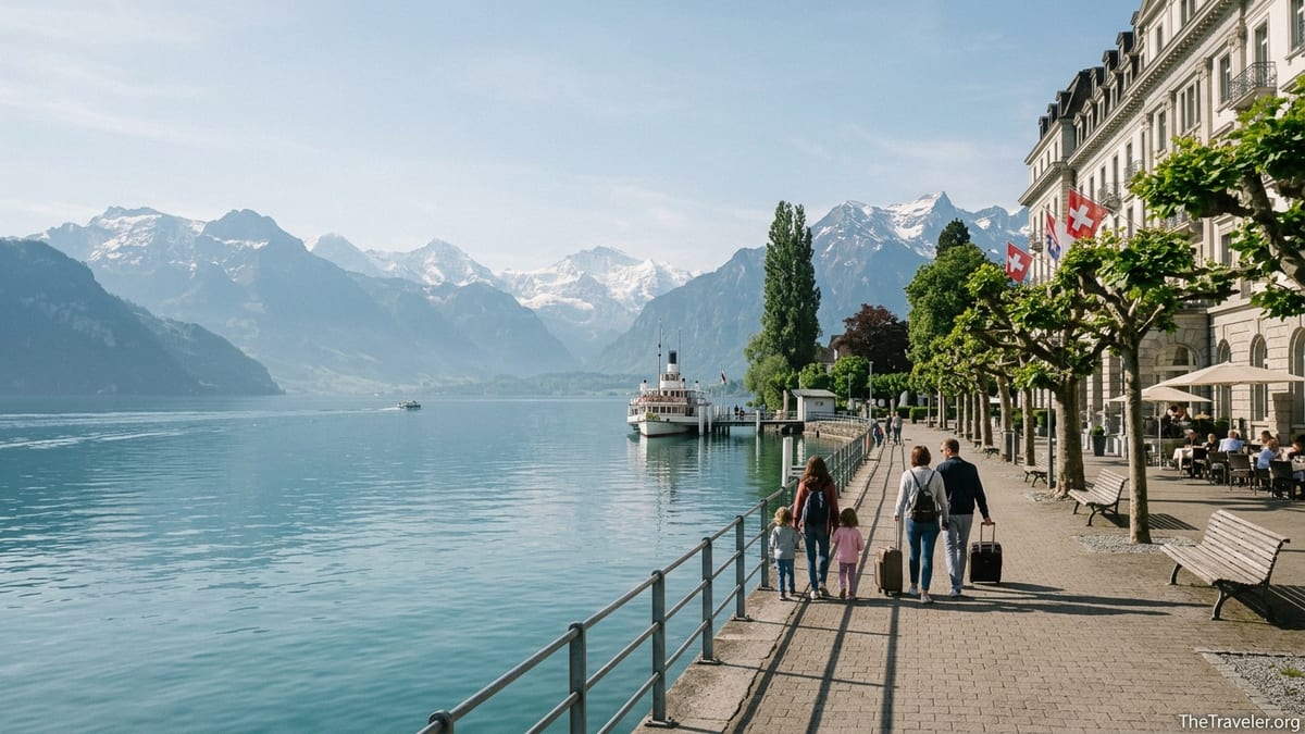 Lakeside promenade in Lucerne with grand hotel, pier and Alpine peaks across Lake Lucerne.