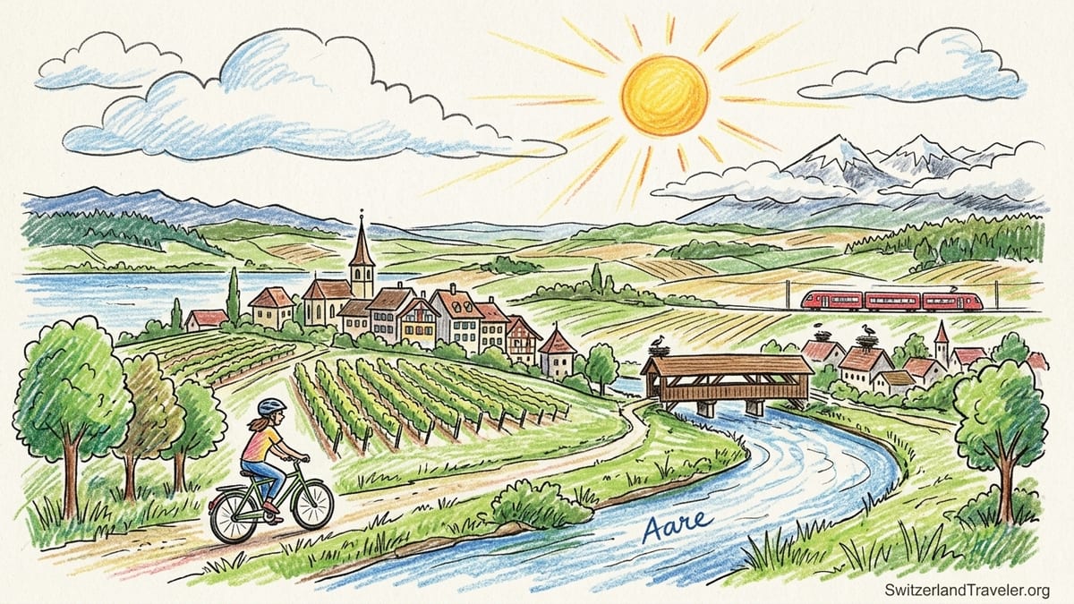Rolling vineyards above Lake Murten in Switzerland’s Mittelland with a small village and distant hills.