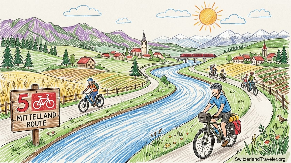 Cyclists ride along the Aare river near Solothurn on Switzerland’s Mittelland cycling route.