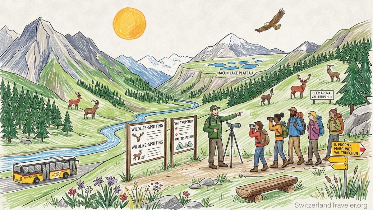 Guided hikers in the Swiss National Park overlooking Val Trupchun and surrounding alpine peaks.