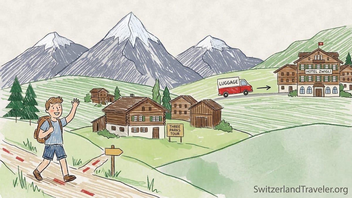 Hikers on a Swiss park trail above a village with forests and distant peaks in summer light