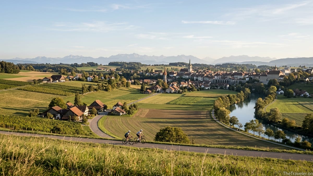 Cyclists on a country road crossing the Swiss Plateau toward a small town with distant alpine backdrop in soft autumn light.