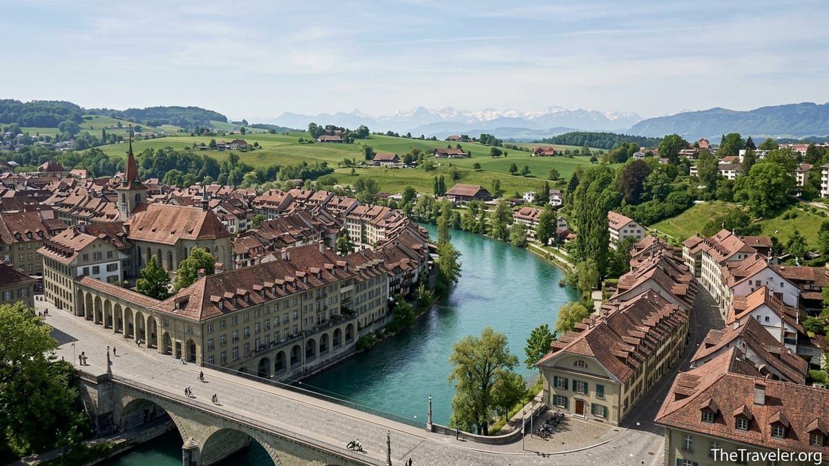 Panoramic view of Bern old town curving along the Aare River with green hills behind on the Swiss Plateau.
