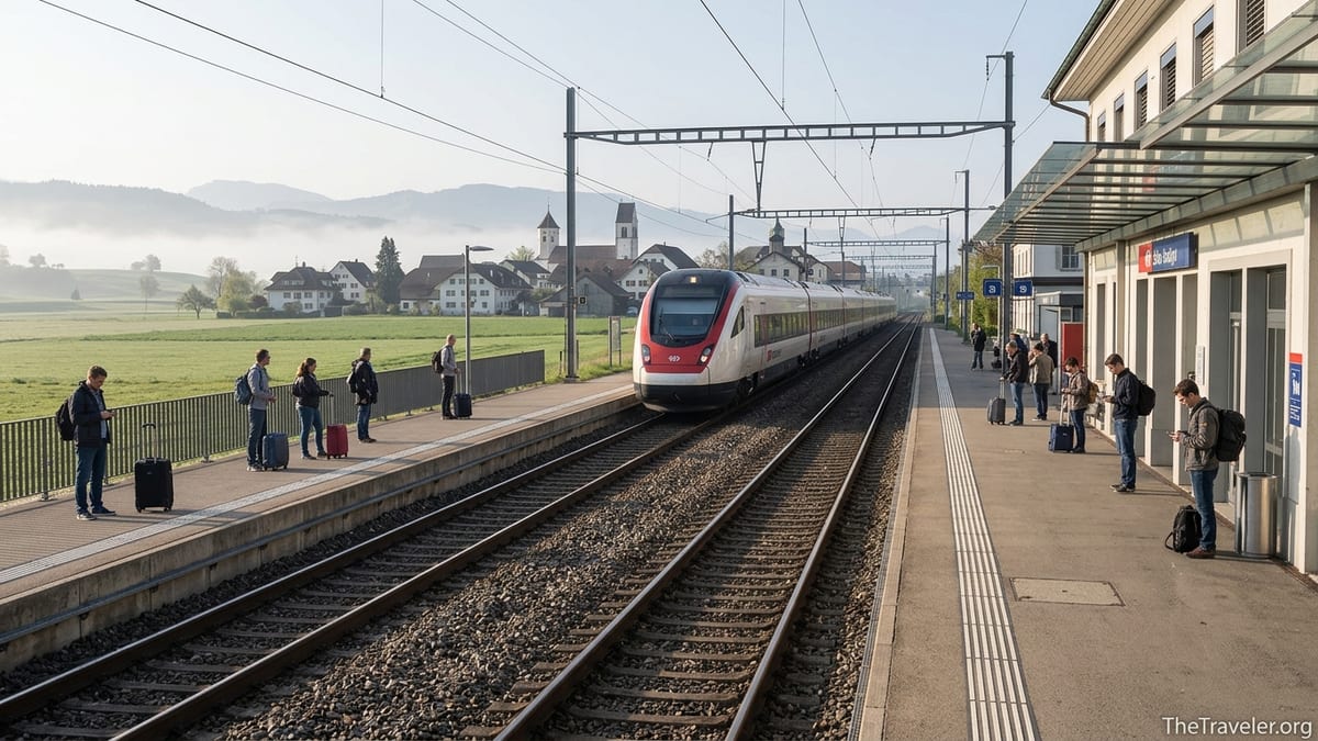 SBB InterCity train arriving at a Swiss Plateau station on a misty morning.