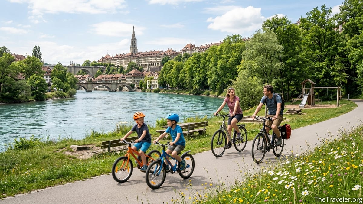 Family cycling along the Aare river with Bern old town on a hill in the background.