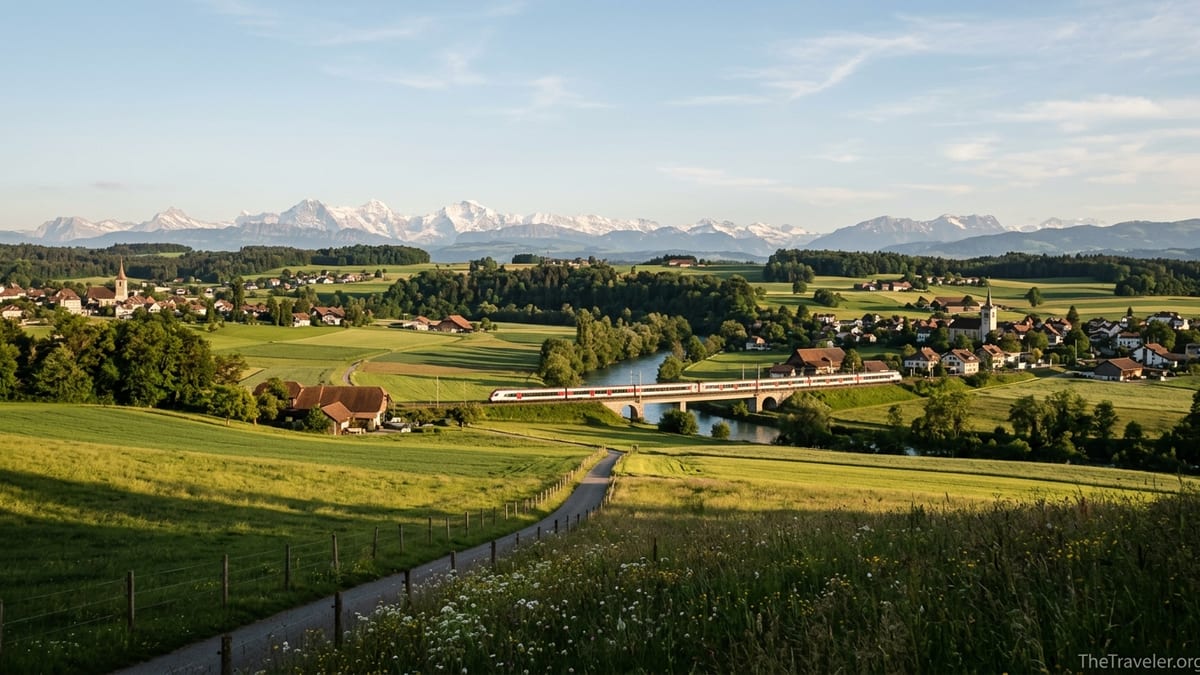 Swiss regional train crossing green fields of the Swiss Plateau with distant Alps at sunset