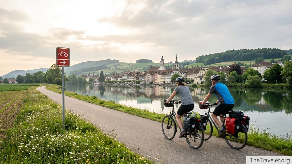 Cyclists on a riverside path along the Aare near Solothurn in the Swiss Plateau.